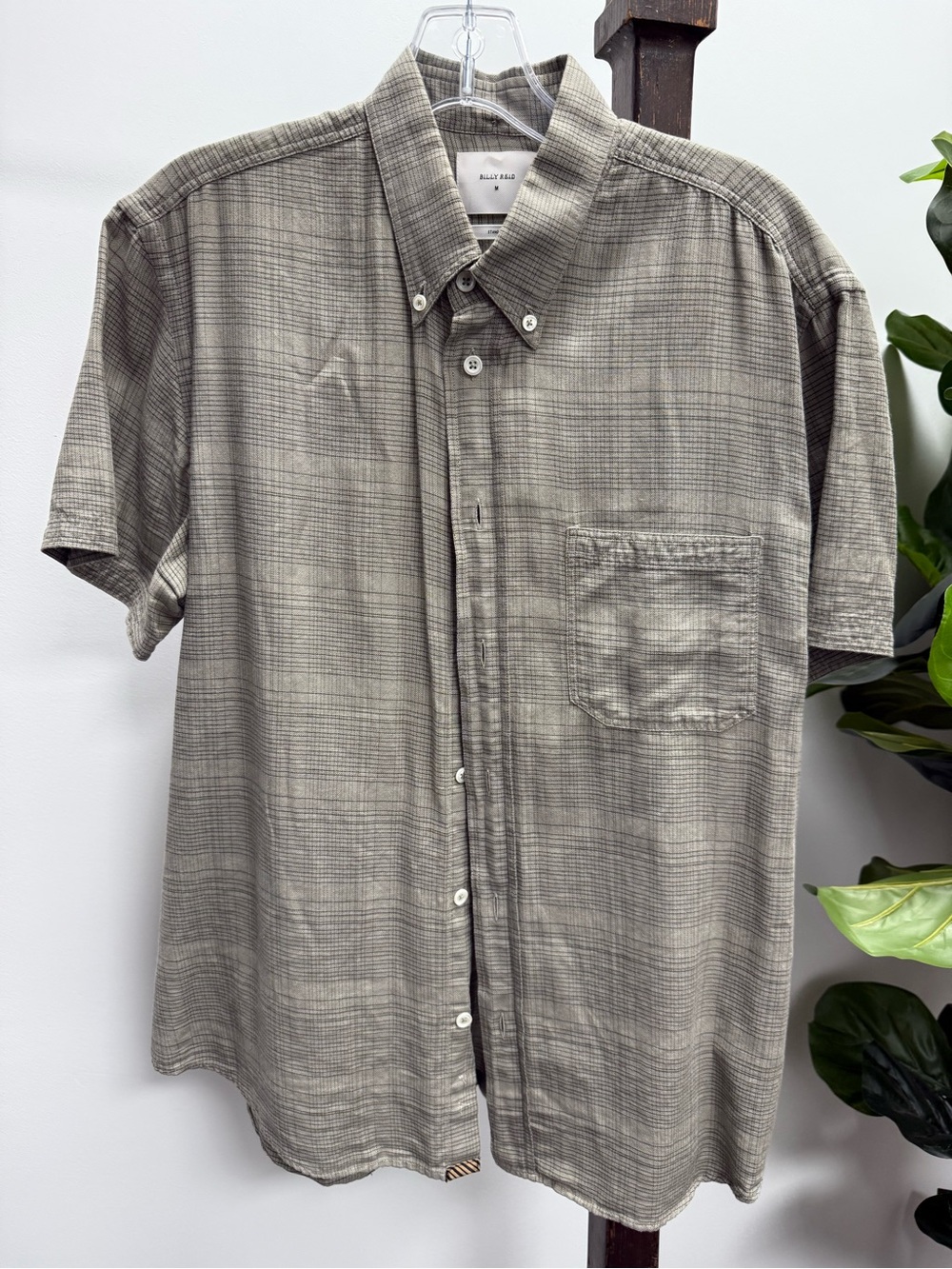 Billy Reid Short-Sleeve Button-Down Plaid Shirt in Taupe Gray